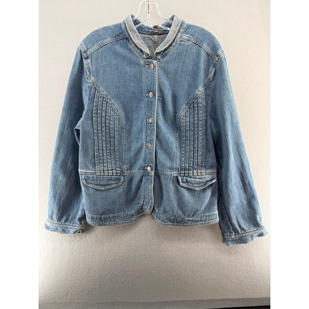 J. Jill Denim Jacket XL Blue Pintuck Pleated Mandarin Collar Cotton Button Front